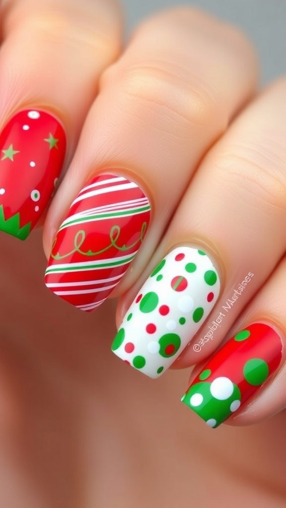 Close-up of Christmas-themed nail art in red, green, and white with festive patterns.